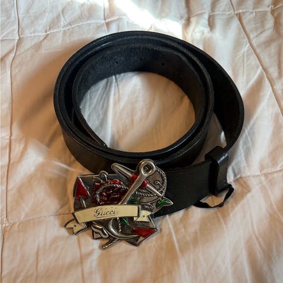 Gucci Black Belt with Silver and Red Accents